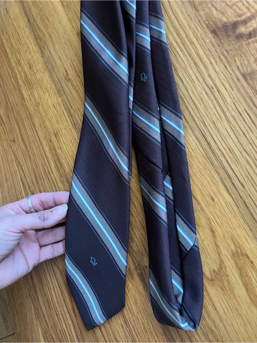 Christian Dior Made in Italy Brown Silk Tie with Blue Stripes